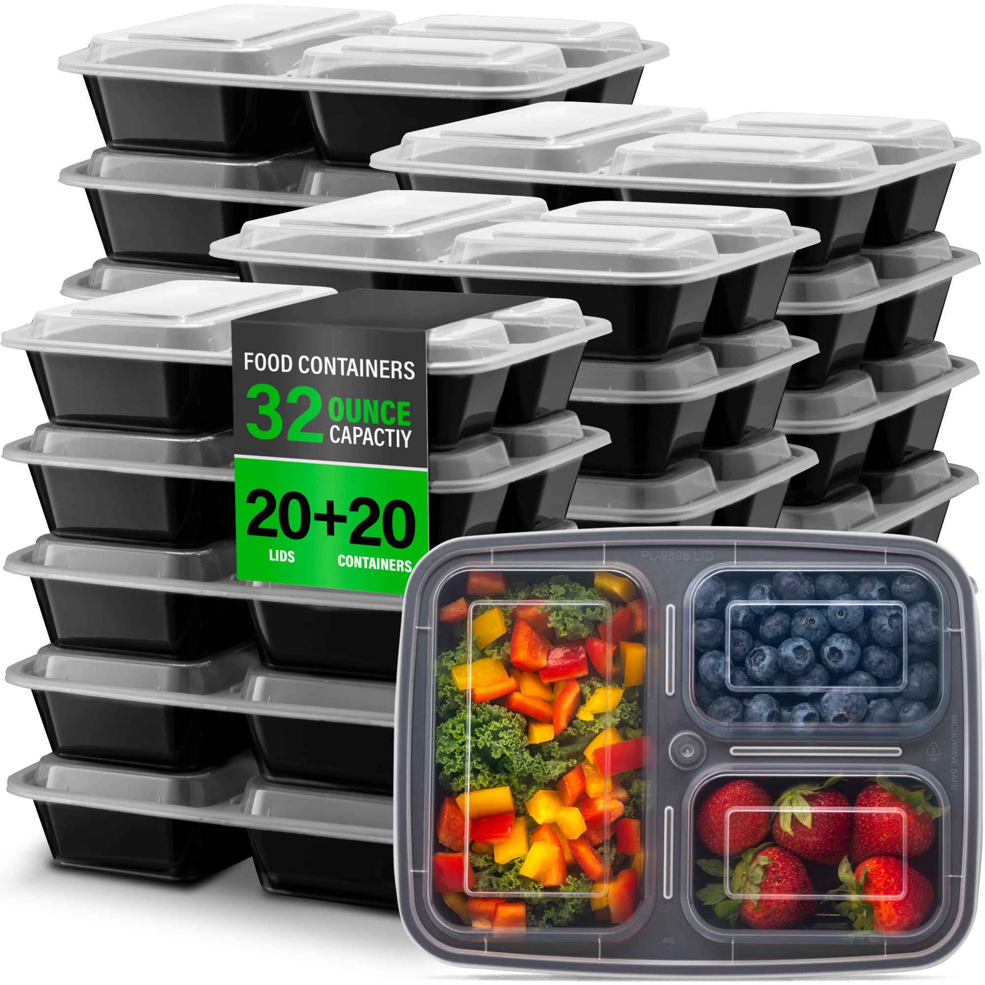 Amazon.com: Ez Prepa [20 Pack] 32oz 3 Compartment Meal Prep